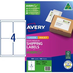 Avery Premium Shipping Labels White Laser Inkjet AveryEco L7169 99.1x139mm 4UP 400 Lab