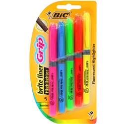 Bic Brite Liner Grip Highlighters Chisel 1.6-3.3mm Assorted Colours Pack Of 5